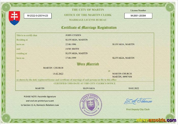 Slovakia marriage certificate